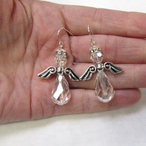 Silver Plated Crystal Beaded Angel Dangle Drop Pierced Fish Hook Earrings